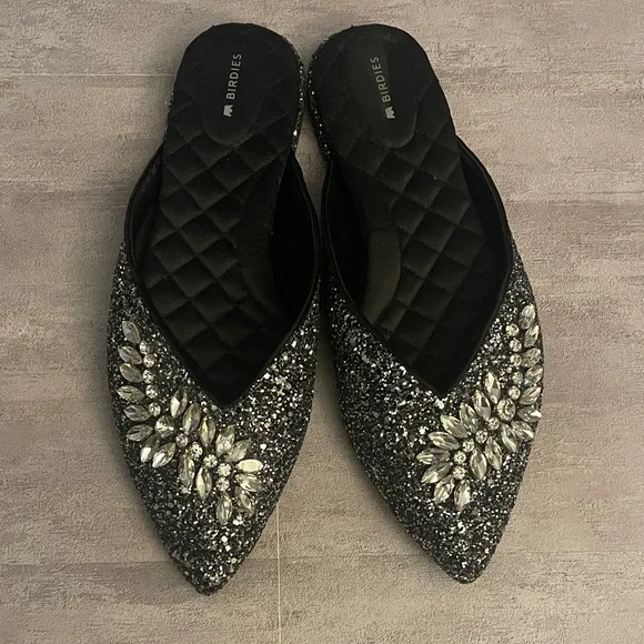 Birdies Swan Jeweled Gunmetal - Black Sparkle Embellished Mules- Size 10- - Picture 1 of 10